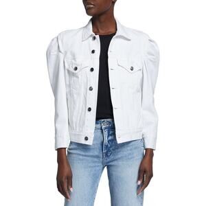 FRAME Denim Rosette Puff Sleeve Denim Jacket Rumpled Blanc White S Small